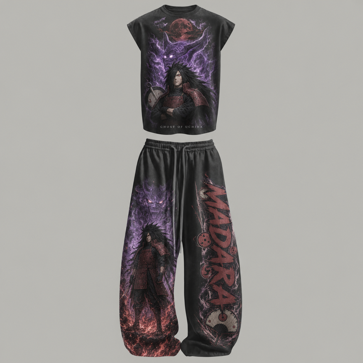 Naruto Madara Uchiha Sleeveless Tank Top & Wide Leg Pants Two-Piece Streetwear Set