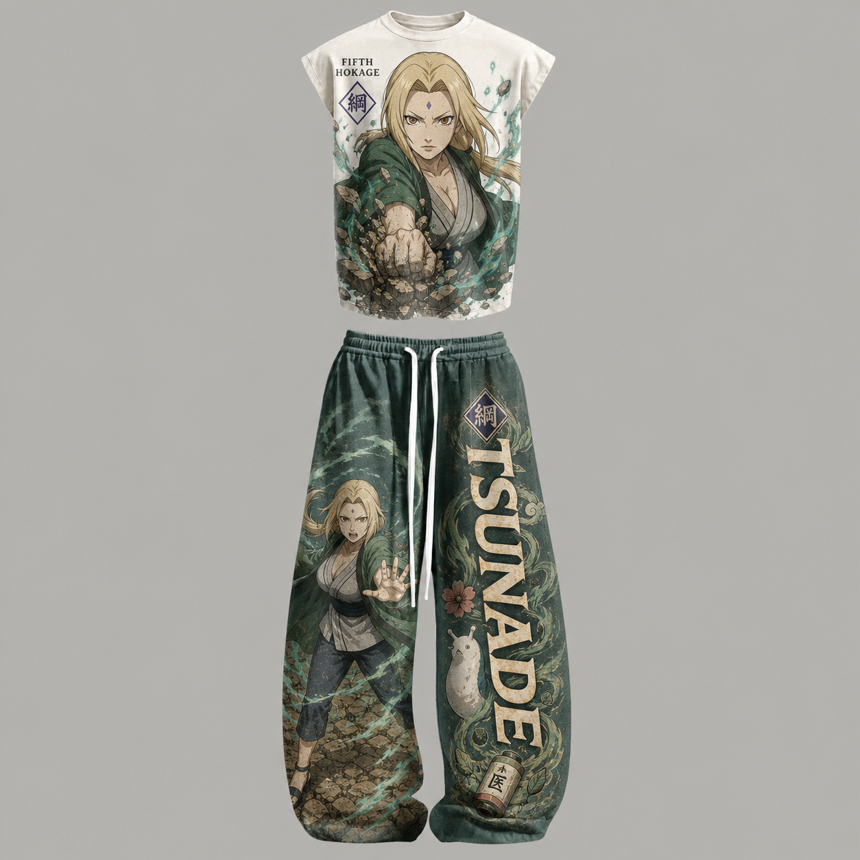 Naruto Tsunade Sleeveless Tank Top & Wide Leg Pants Two-Piece Streetwear Set