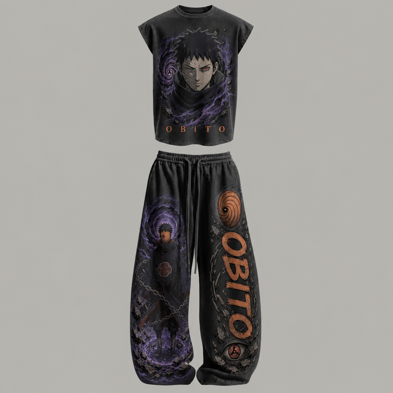 Naruto Obito Uchiha Sleeveless Tank Top & Wide Leg Pants Two-Piece Streetwear Set