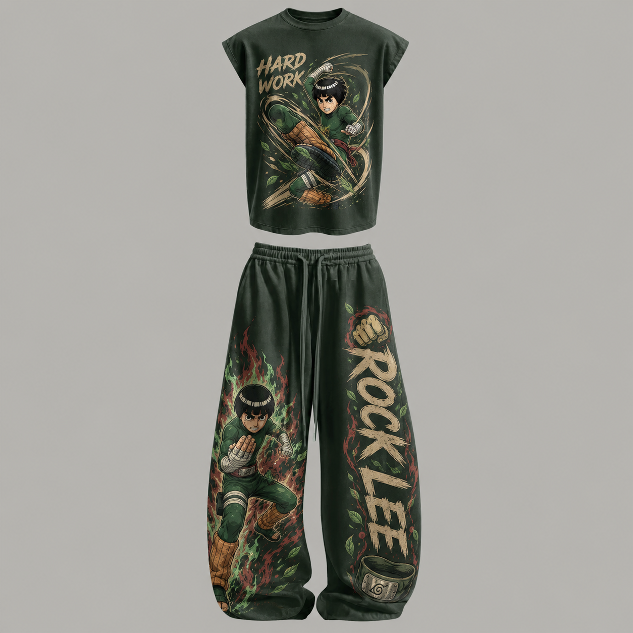 Naruto Rock Lee Sleeveless Tank Top & Wide Leg Pants Two-Piece Streetwear Set