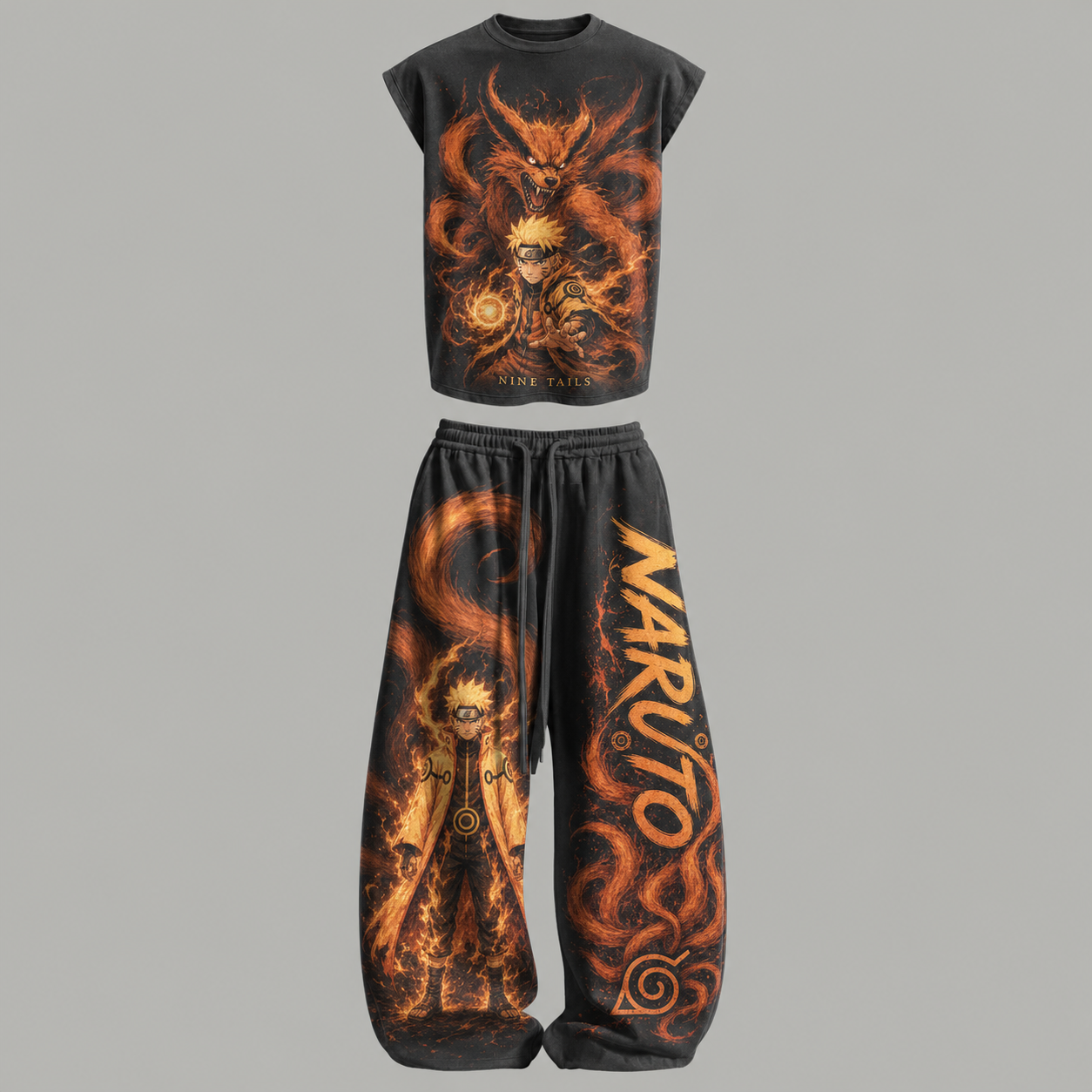 Naruto Kurama Sleeveless Tank Top & Wide Leg Pants Two-Piece Streetwear Set
