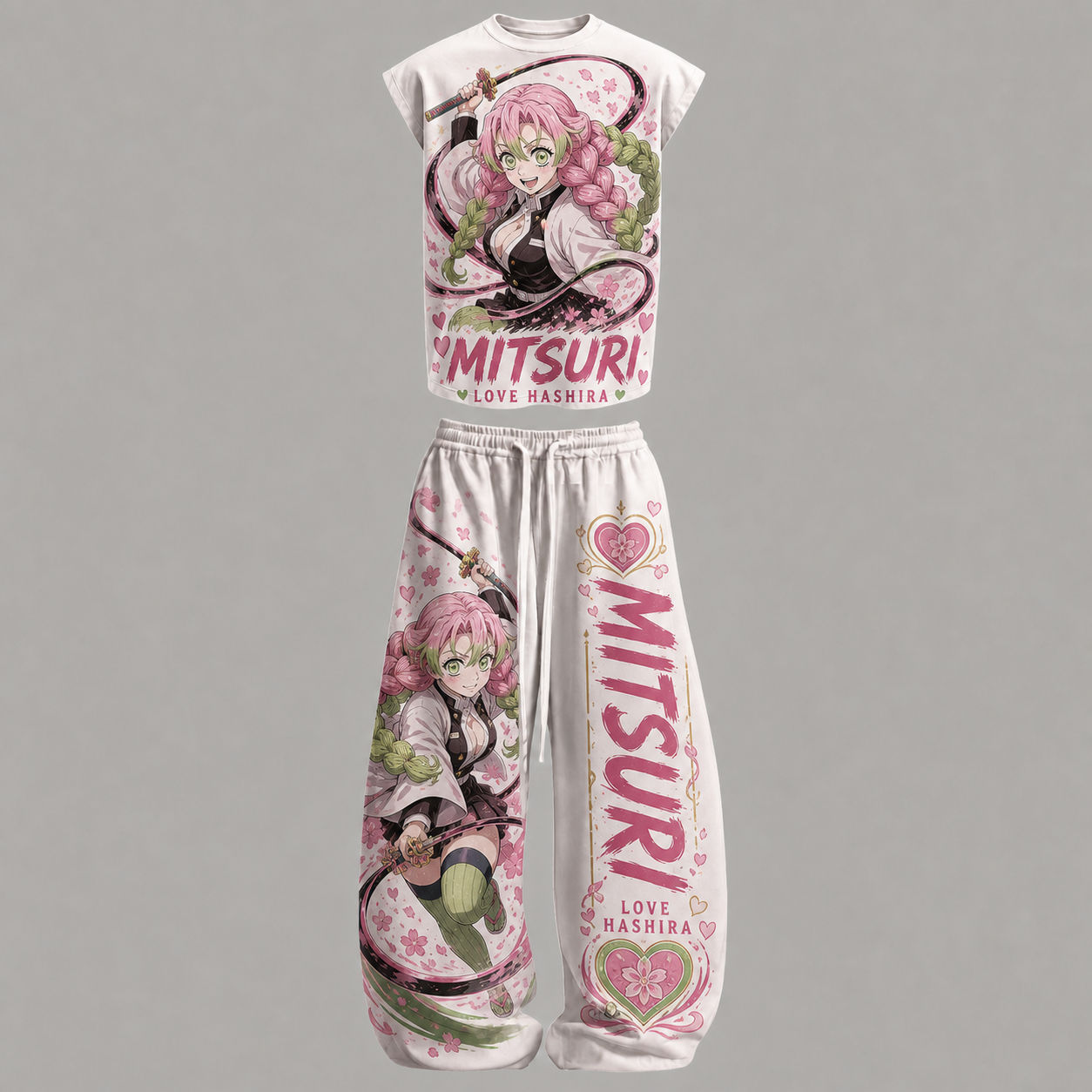 Demon Slayer Kanroji Mitsuri Sleeveless Tank Top & Wide Leg Pants Two-Piece Streetwear Set