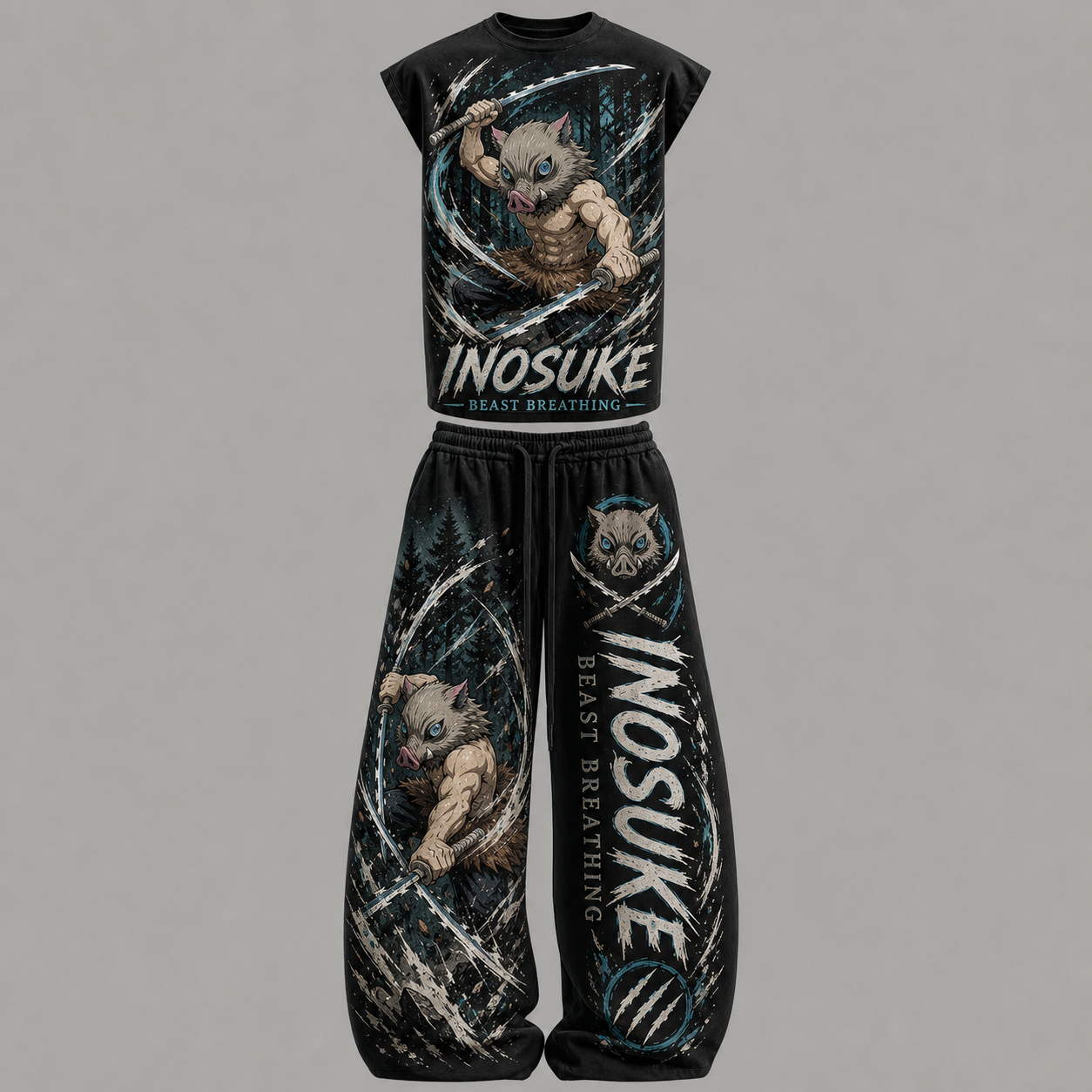 Demon Slayer Hashibira Inosuke Sleeveless Tank Top & Wide Leg Pants Two-Piece Streetwear Set