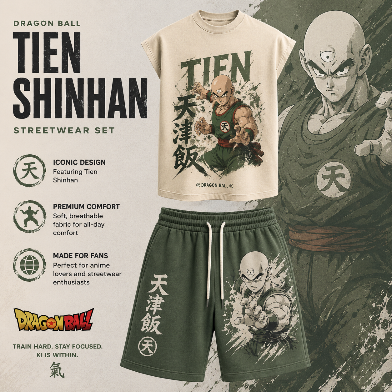 Dragon Ball Tien Shinhan Sleeveless Tank Top & Shorts Two-Piece Streetwear Set