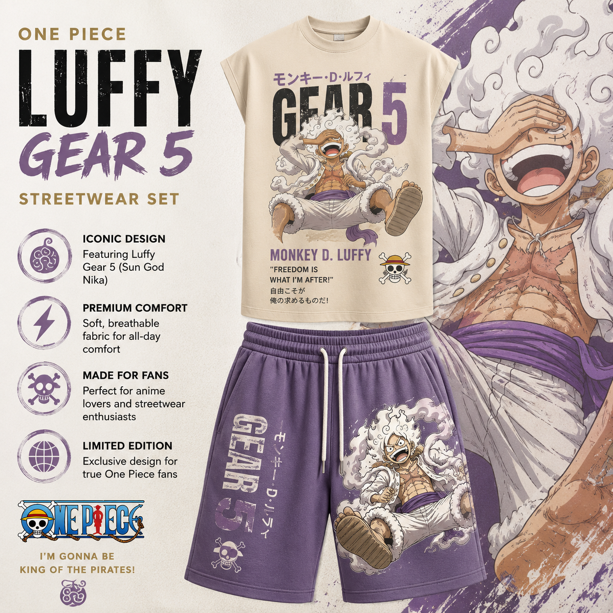 One Piece Luffy Gear 5 Sleeveless Tank Top & Shorts Two-Piece Streetwear Set