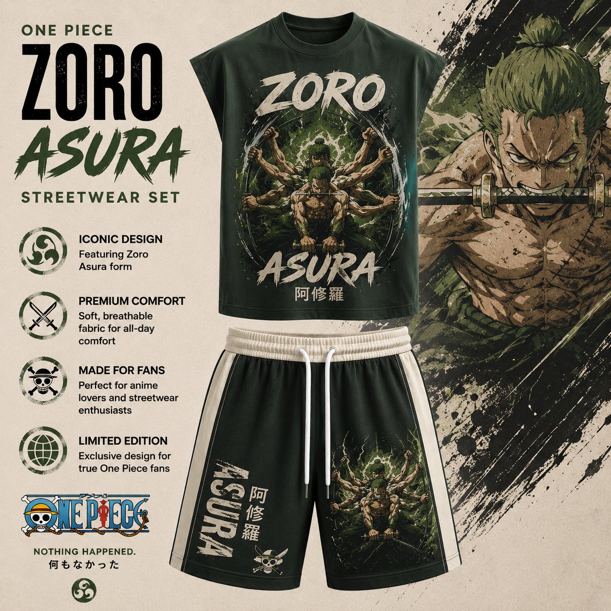 One Piece Zoro Sleeveless Tank Top & Shorts Two-Piece Streetwear Set