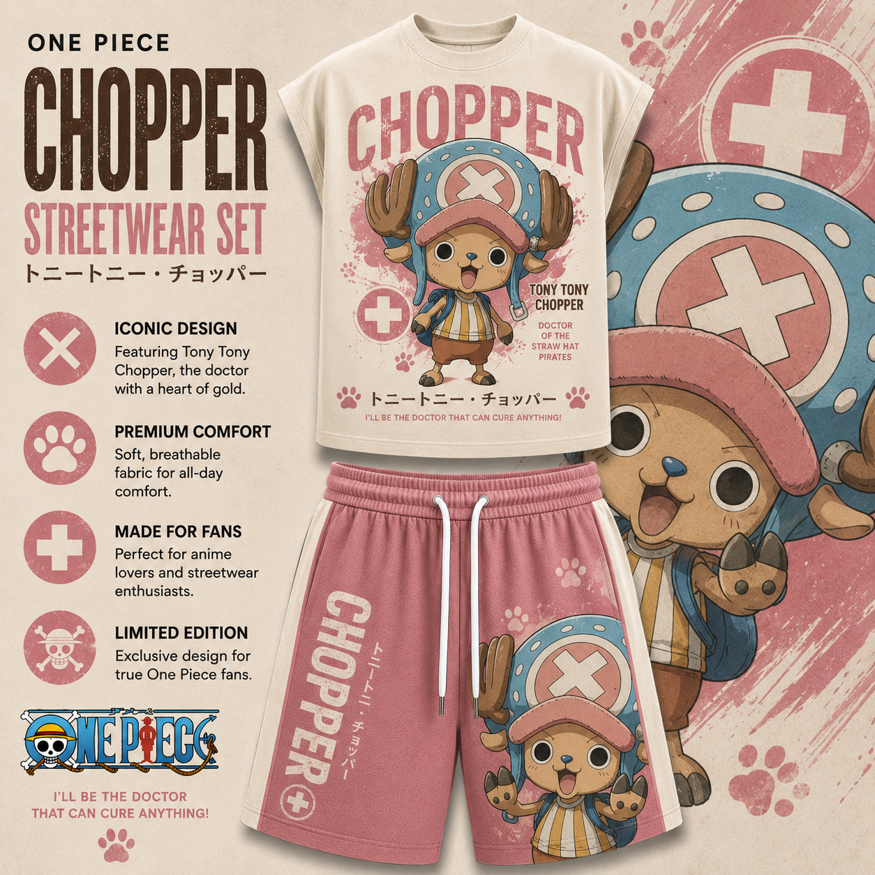 One Piece Tony Tony Chopper Sleeveless Tank Top & Shorts Two-Piece Streetwear Set