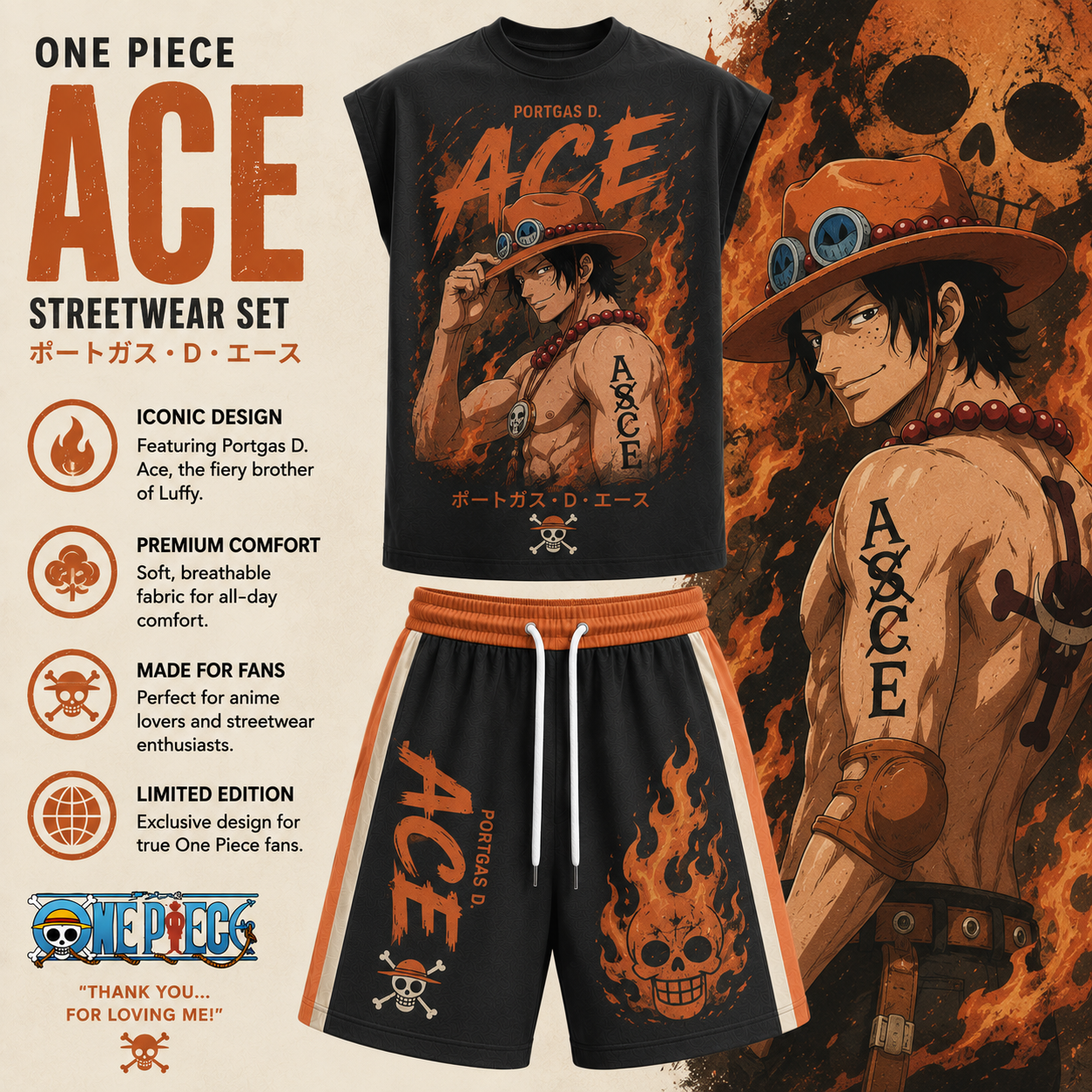One Piece Ace Sleeveless Tank Top & Shorts Two-Piece Streetwear Set
