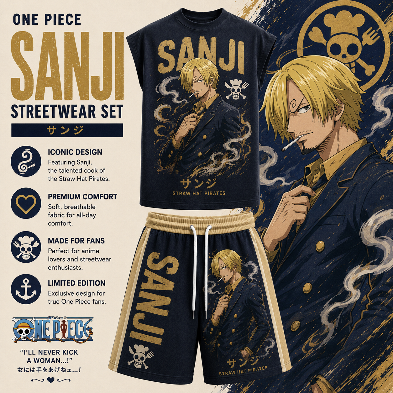 One Piece Sanji Sleeveless Tank Top & Shorts Two-Piece Streetwear Set