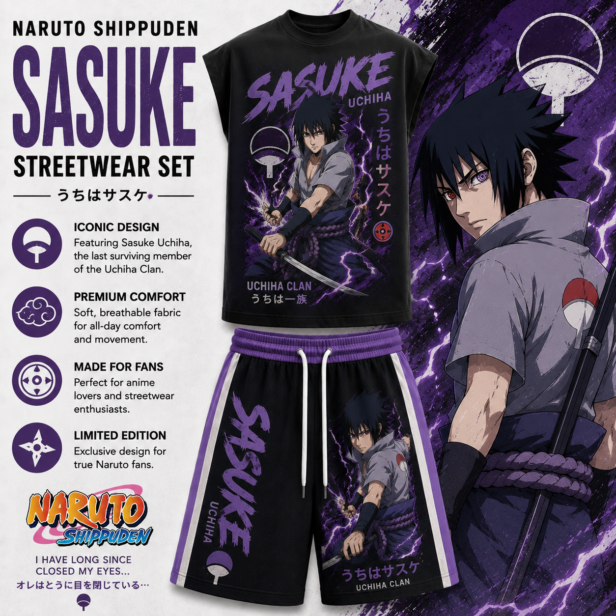 Naruto Uchiha Sasuke Sleeveless Tank Top & Shorts Two-Piece Streetwear Set
