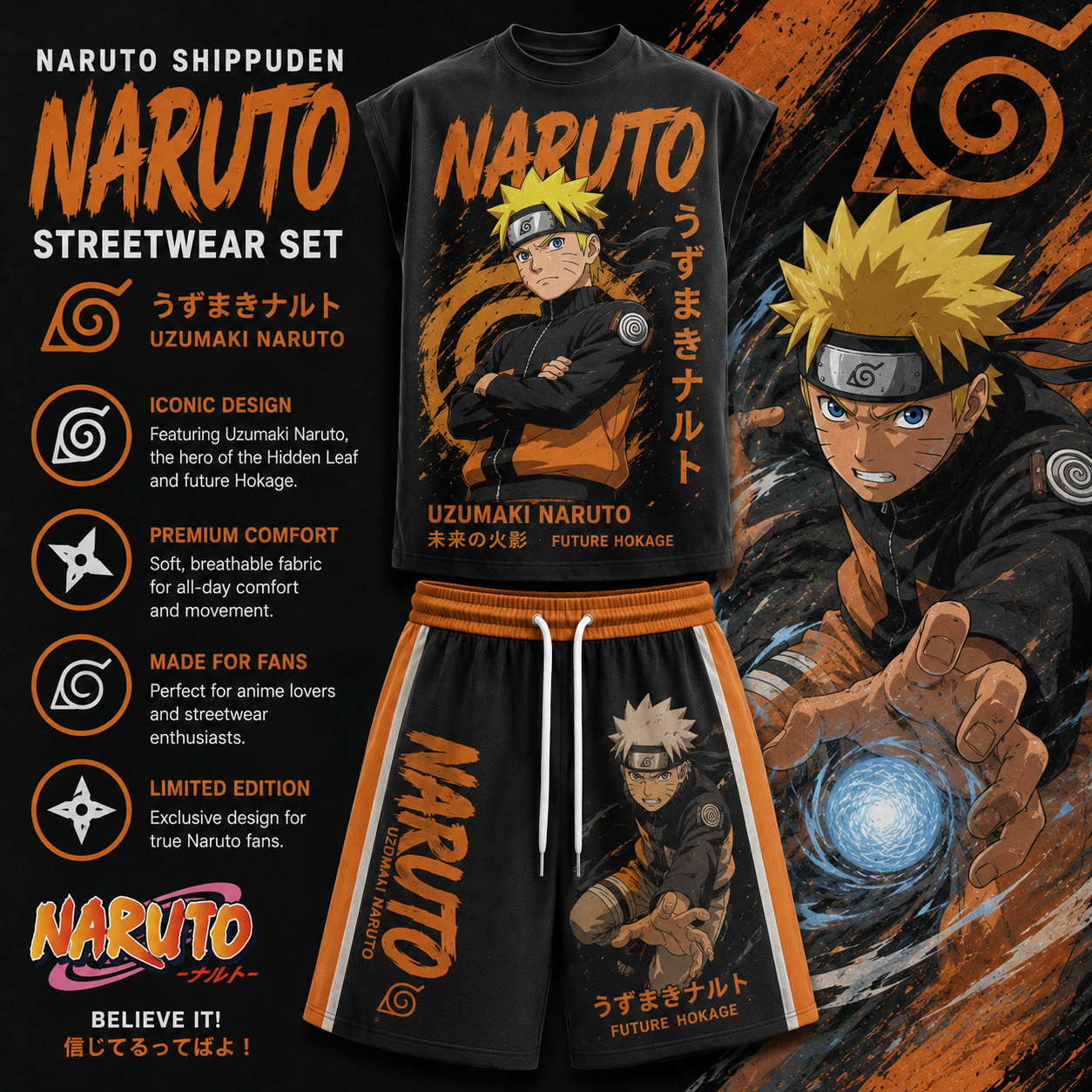Naruto Sleeveless Tank Top & Shorts Two-Piece Streetwear Set