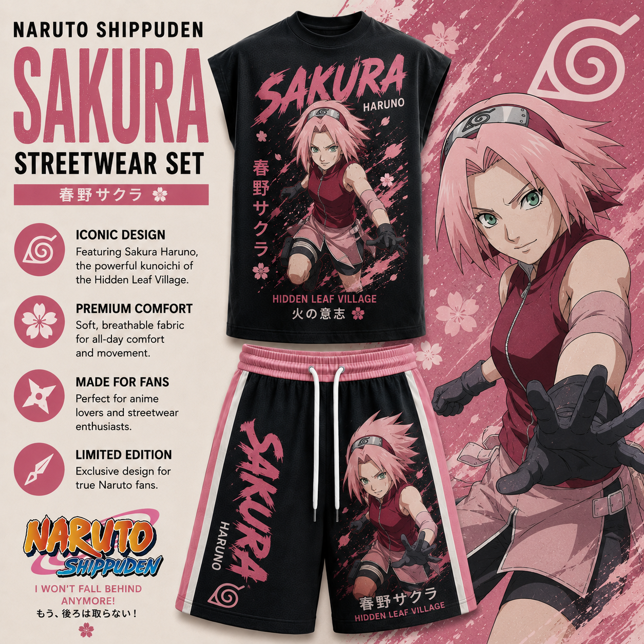 Naruto Sakura Sleeveless Tank Top & Shorts Two-Piece Streetwear Set