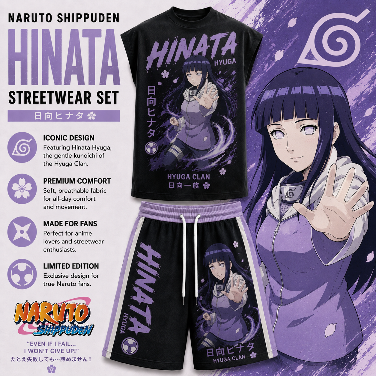 Naruto Hyuuga Hinata Sleeveless Tank Top & Shorts Two-Piece Streetwear Set
