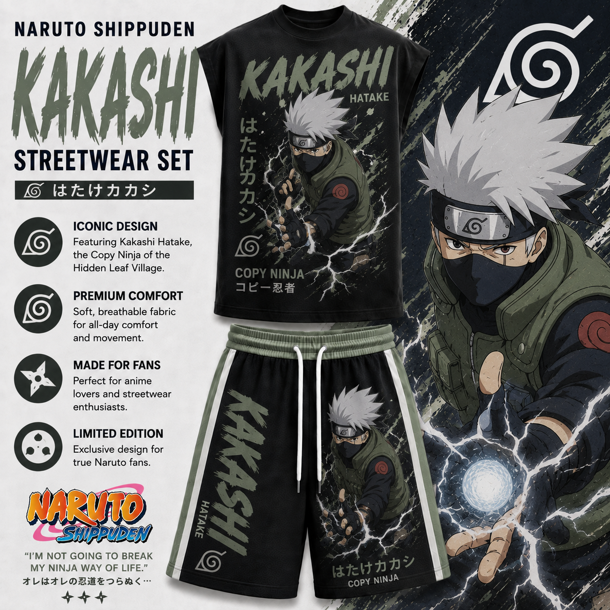 Naruto Kakashi Sleeveless Tank Top & Shorts Two-Piece Streetwear Set
