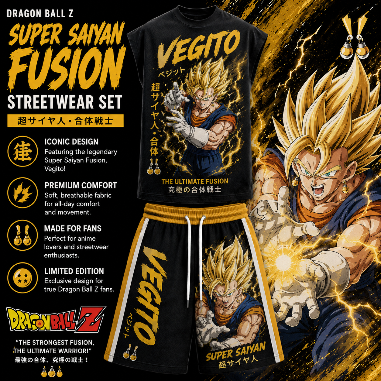 Dragon Ball Saiyan Sleeveless Tank Top & Shorts Two-Piece Streetwear Set