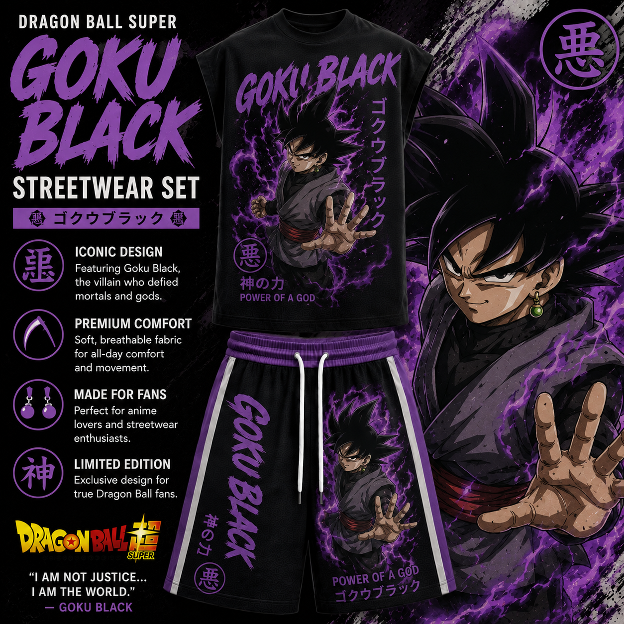 Dragon Ball Black Goku Sleeveless Tank Top & Shorts Two-Piece Streetwear Set