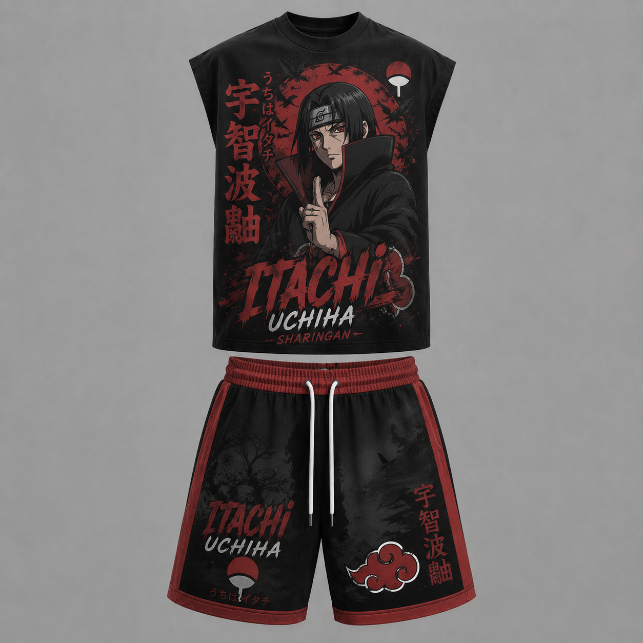 Naruto Uchiha Itachi Sleeveless Tank Top & Shorts Two-Piece Streetwear Set