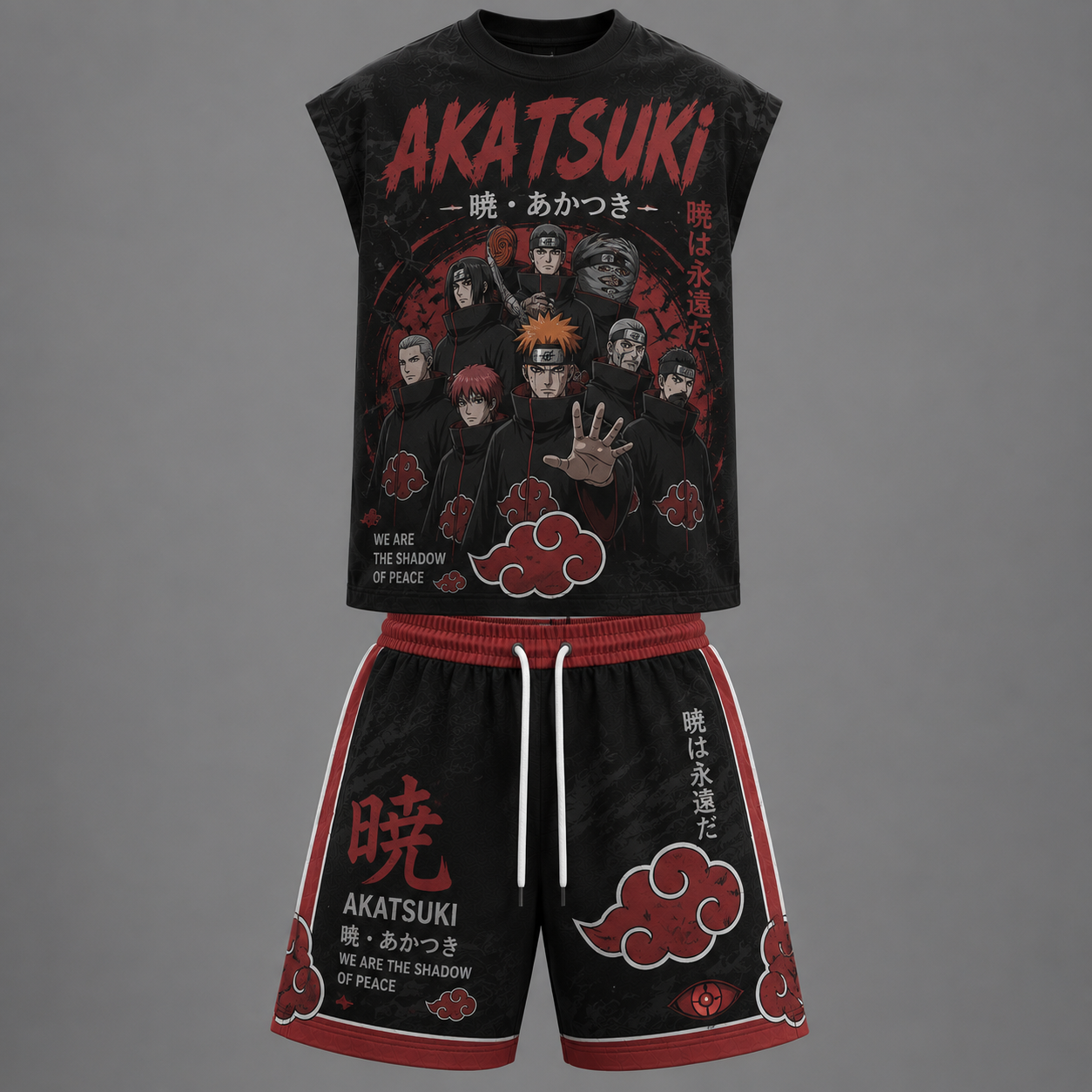 Naruto Akatsuki Sleeveless Tank Top & Shorts Two-Piece Streetwear Set