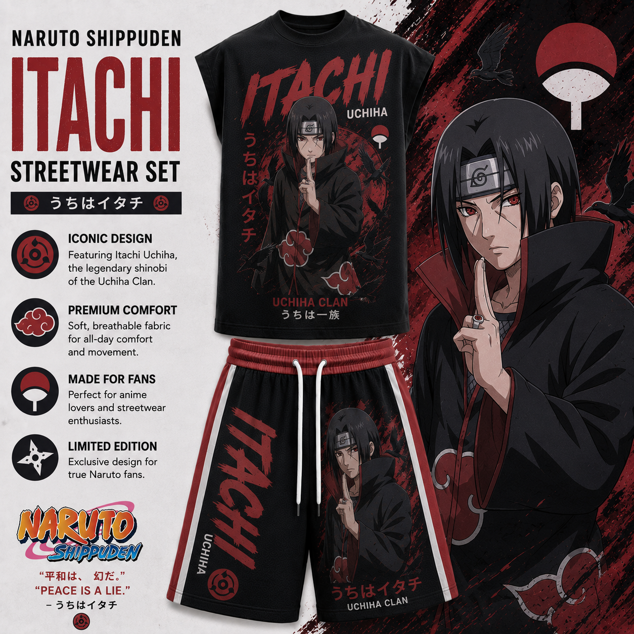 Naruto Uchiha Itachi Sleeveless Tank Top & Shorts Two-Piece Streetwear Set