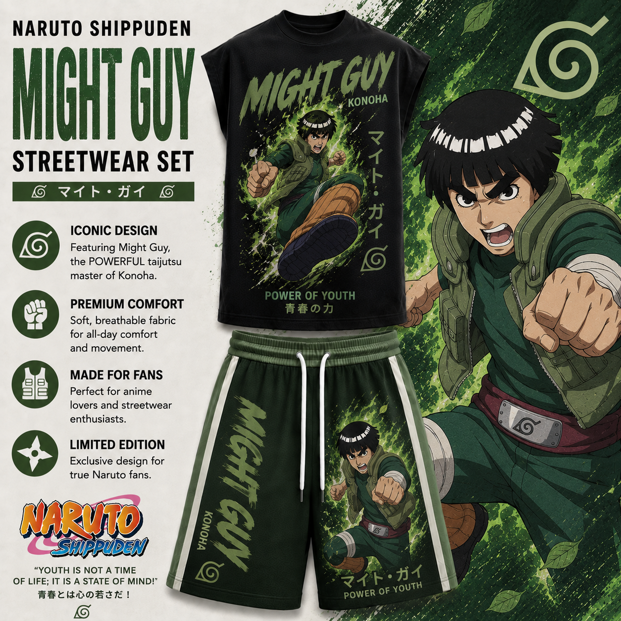 Naruto Might Guy Sleeveless Tank Top & Shorts Two-Piece Streetwear Set