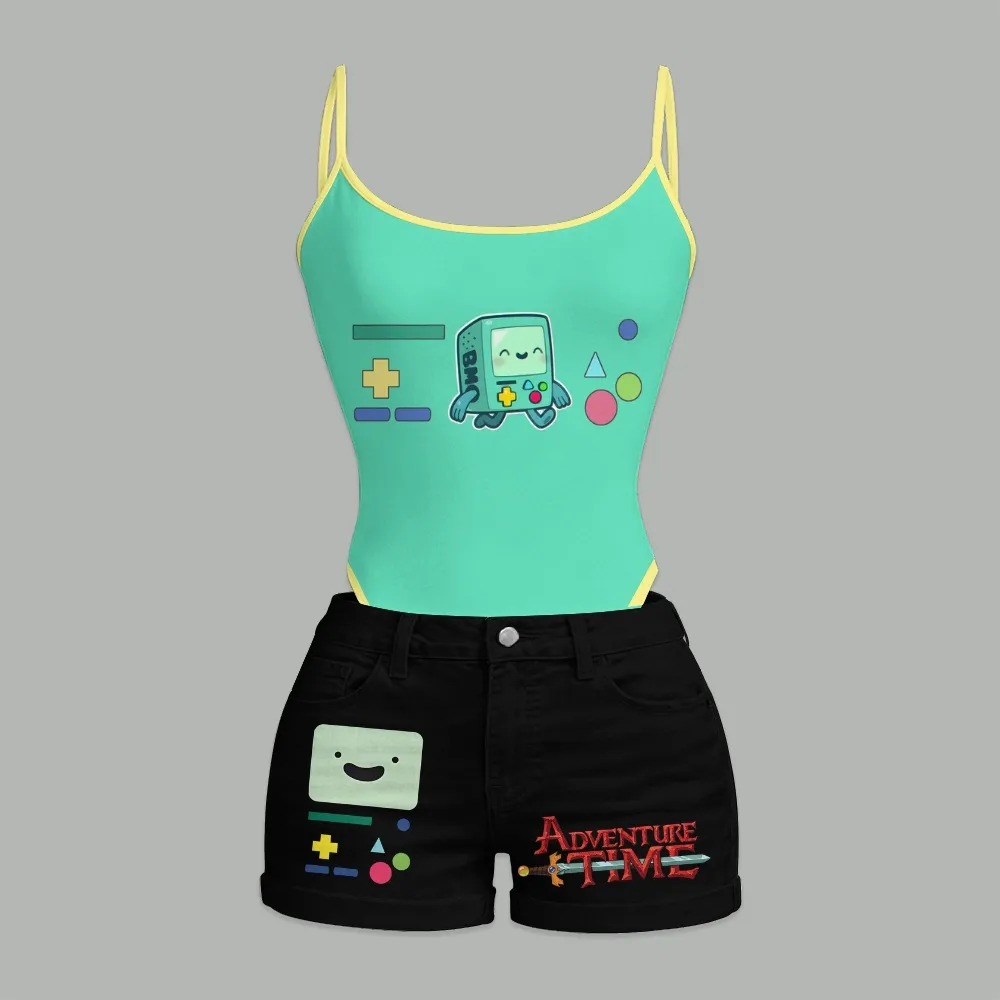 Women's Anime-bodysuit and black stretch denim shorts T-shirt