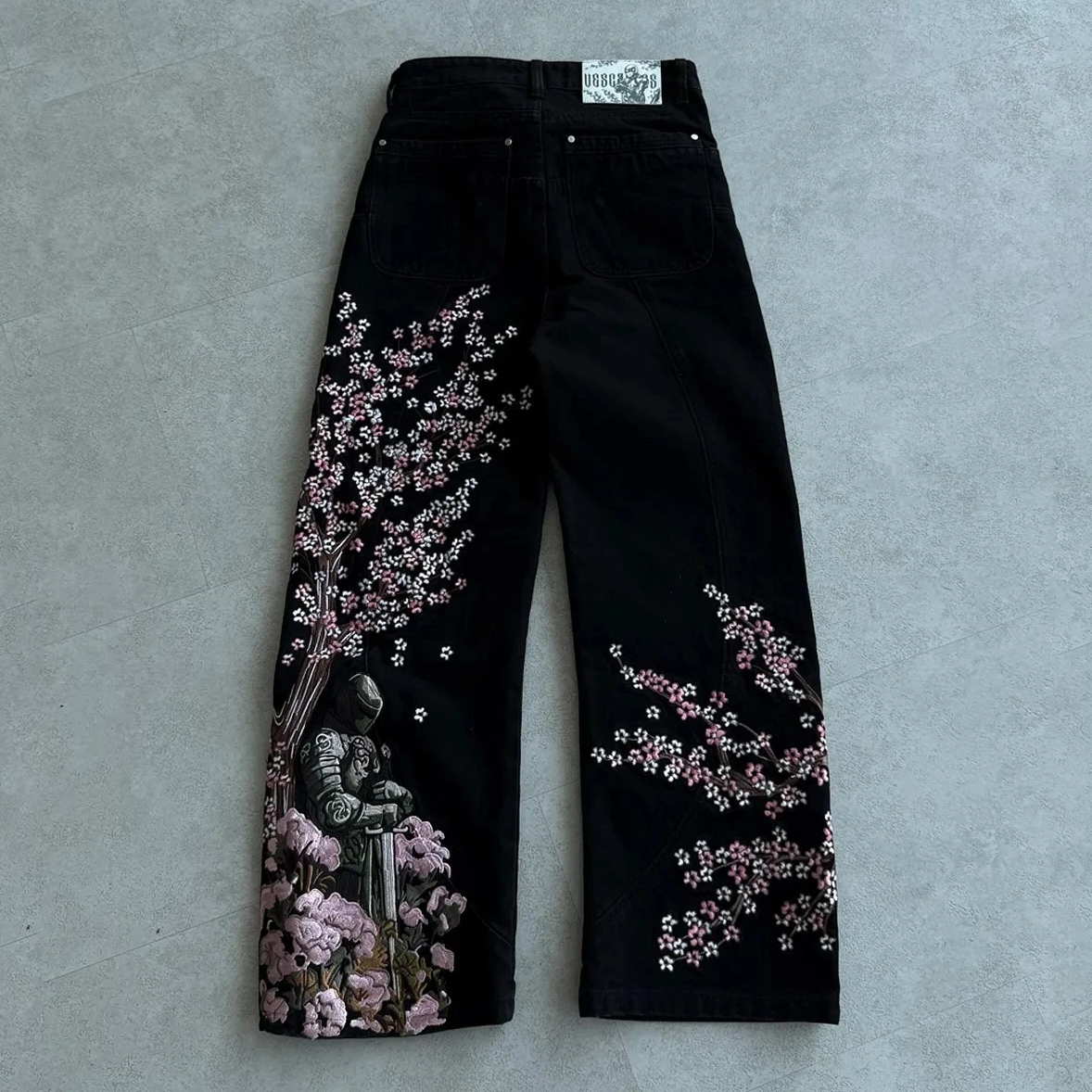 Plum Blossom Embroidery Black New Denim Style Street Trendy Embroidered Straight Pants Mid-Waist Jeans