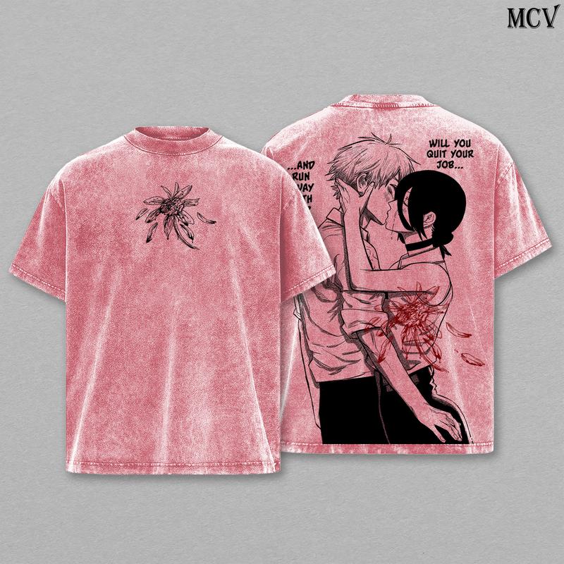 Denji x Reze Chainsaw Man Tee Washed – The Movie Reze Arc Vintage Oversized Heavy Cotton Anime Manga T-Shirt, Double Printed Retro Unisex Streetwear Graphic Top Gift for Otaku Fans, the Tragic Love Story Between a Devil Hunter and the Bomb Girl