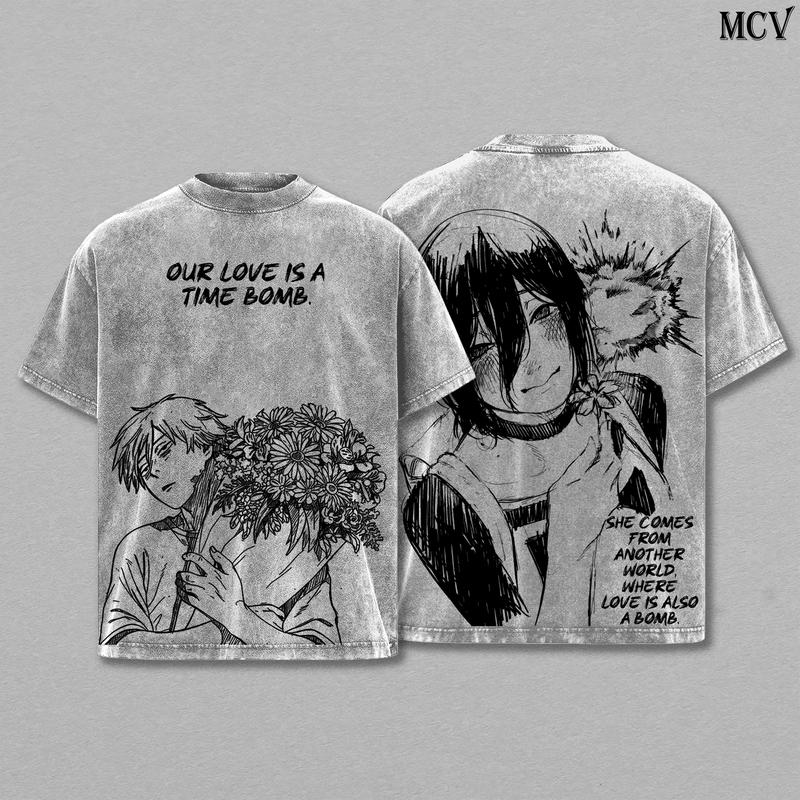 Chainsaw Man Denji x Reze Tee Washed – The Movie: Reze Arc Exclusive Vintage Oversized Heavy Cotton Anime Manga T-Shirt, Double Printed Retro Unisex Streetwear Graphic Top, Ultimate Otaku Gift for Fans