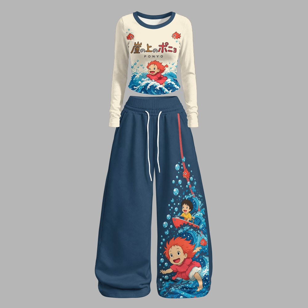 Ponyo on the Cliff Long-Sleeved Double-Layer Stretch Pants Set