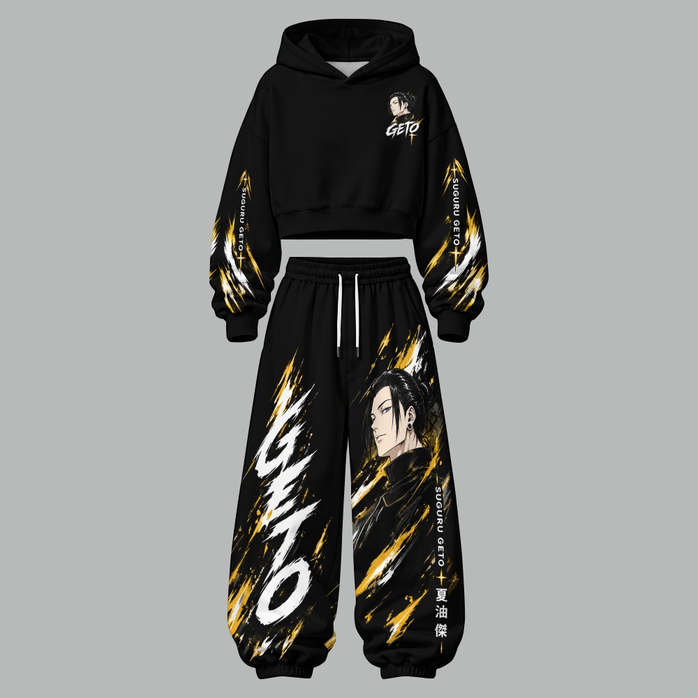 Jujutsu Kaisen Women's Cropped Long Sleeve Hoodie & High Waist Jogger Pants Two Piece Tracksuit Set
