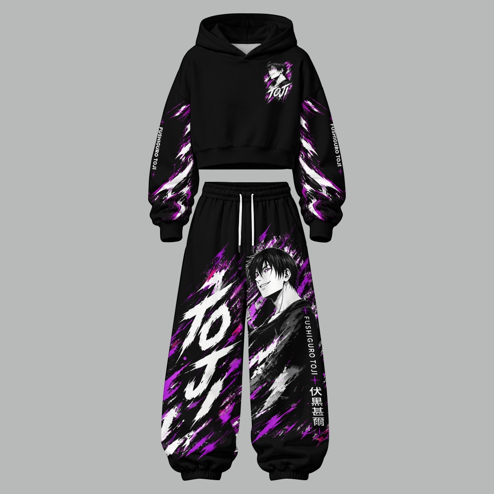 Jujutsu Kaisen Women's Cropped Long Sleeve Hoodie & High Waist Jogger Pants Two Piece Tracksuit Set
