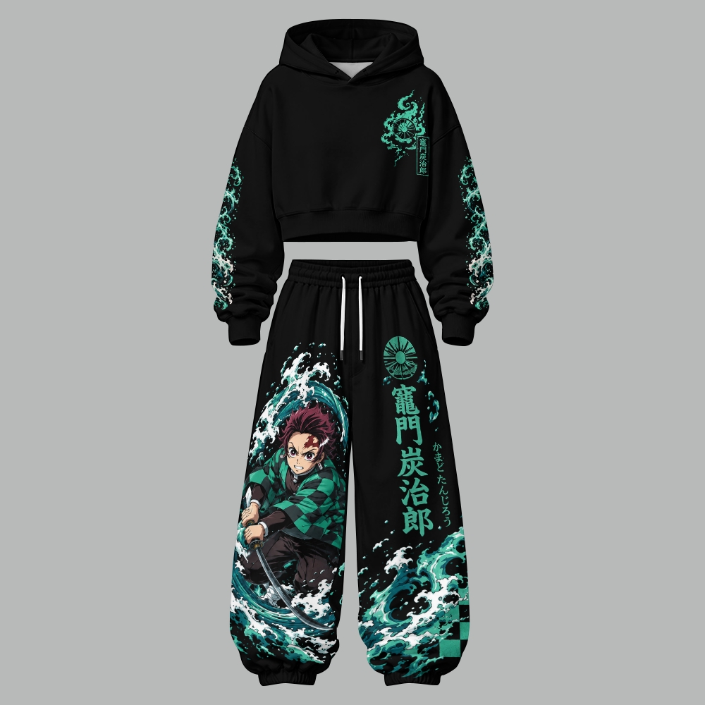 Demon Slayer Women's Cropped Long Sleeve Hoodie & High Waist Jogger Pants Two Piece Tracksuit Set 