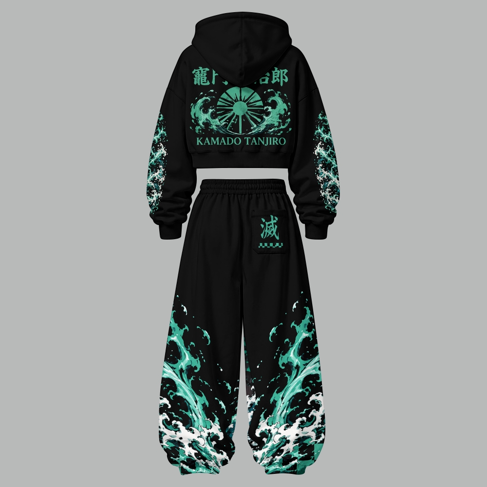 Demon Slayer Women's Cropped Long Sleeve Hoodie & High Waist Jogger Pants Two Piece Tracksuit Set 