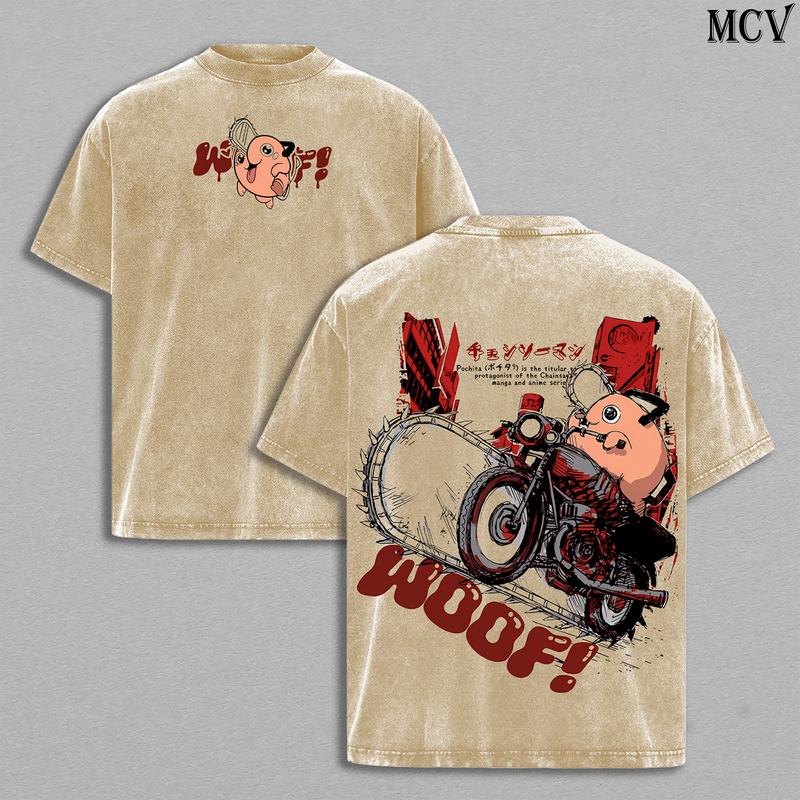Pochita Chainsaw Man T-Shirt – Vintage Washed Oversized Heavy Cotton Anime Manga Tee, WOOF Cute Dog Chainsaw Devil Retro Streetwear Graphic Top Gift for Fans mcv