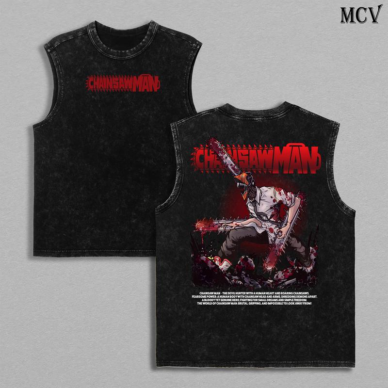 Denji Chainsaw Man Tank Top – The Movie: Reze Arc Vintage Washed Heavy Cotton Oversize Unisex Anime Manga Graphic Tee, Retro Streetwear Top for Devil Hunter Fans