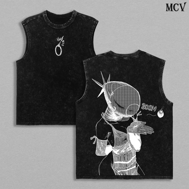 Reze Tank Top T-Shirt – Chainsaw Man The Movie: Reze Arc Vintage Washed Heavy Cotton Oversize Unisex Anime Manga Graphic Top, Retro Streetwear for Movie Fans