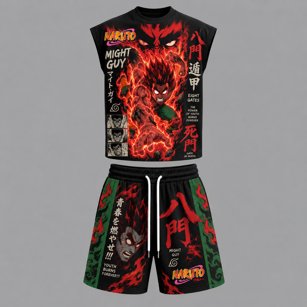 Naruto Might Guy Sleeveless Tank Top & Shorts Two-Piece Streetwear Set