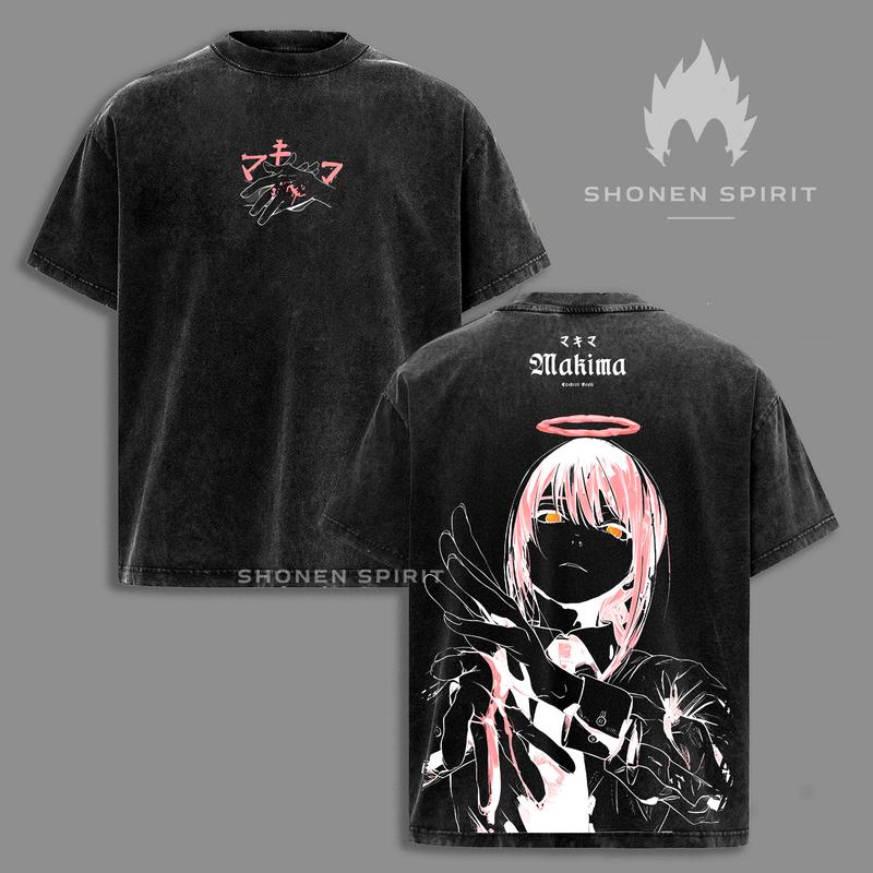 Makima Chainsaw Man Washed T-Shirt – Double Sided Vintage Anime Streetwear Tee  Oversized Unisex Graphic Shirt | Control Devil Inspired Fashion Apparel