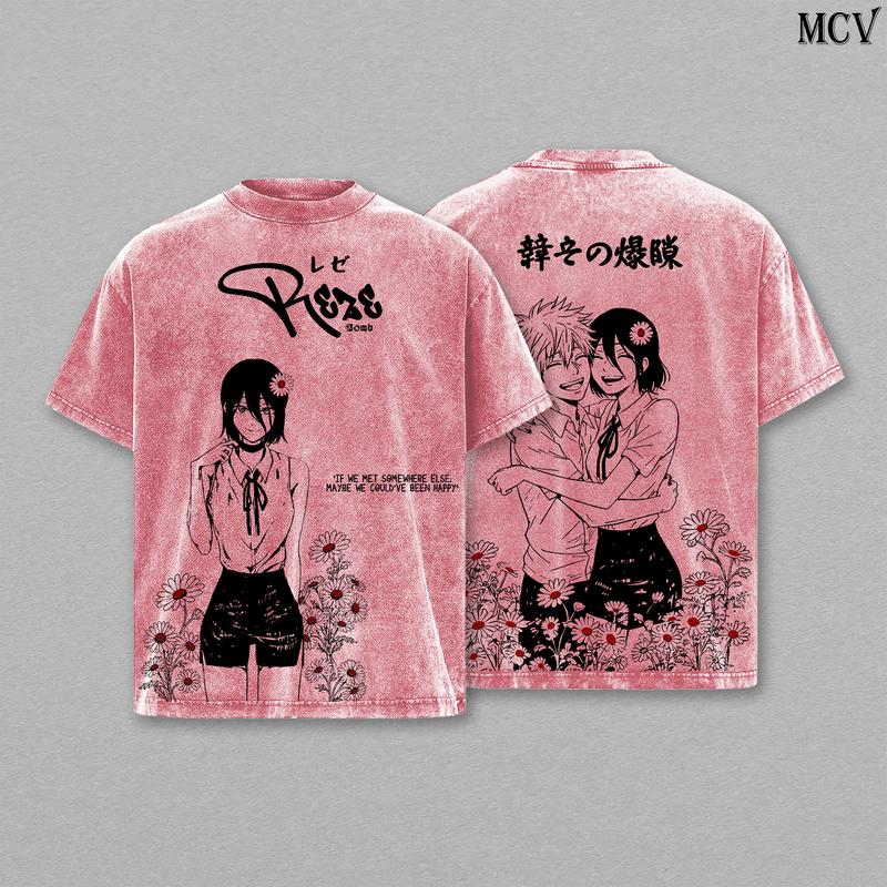 Denji x Reze Chainsaw Man Tee Washed – The Movie: Reze Arc Vintage Oversized Heavy Cotton Anime Manga T-Shirt, Double Printed Retro Unisex Streetwear Graphic Top Gift for Otaku Fans