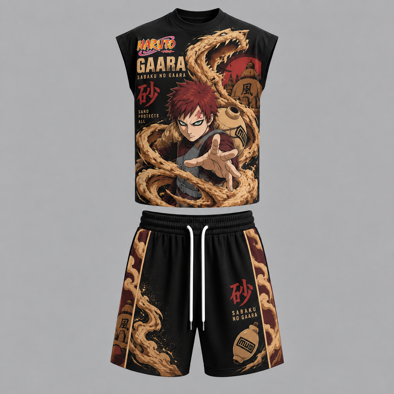Naruto Gaara Sleeveless Tank Top & Shorts Two-Piece Streetwear Set