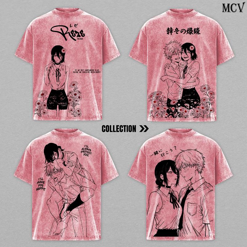 [COLLECTION] Chainsaw Man The Movie: Reze Arc – Denji x Reze Couple Tee Washed, Vintage Oversized Heavy Cotton Anime Manga T-Shirt Set, Double Printed Retro Unisex Streetwear Top Gift for Lovers, Unisex Fit, Oversized Form, Anime Manga Fans