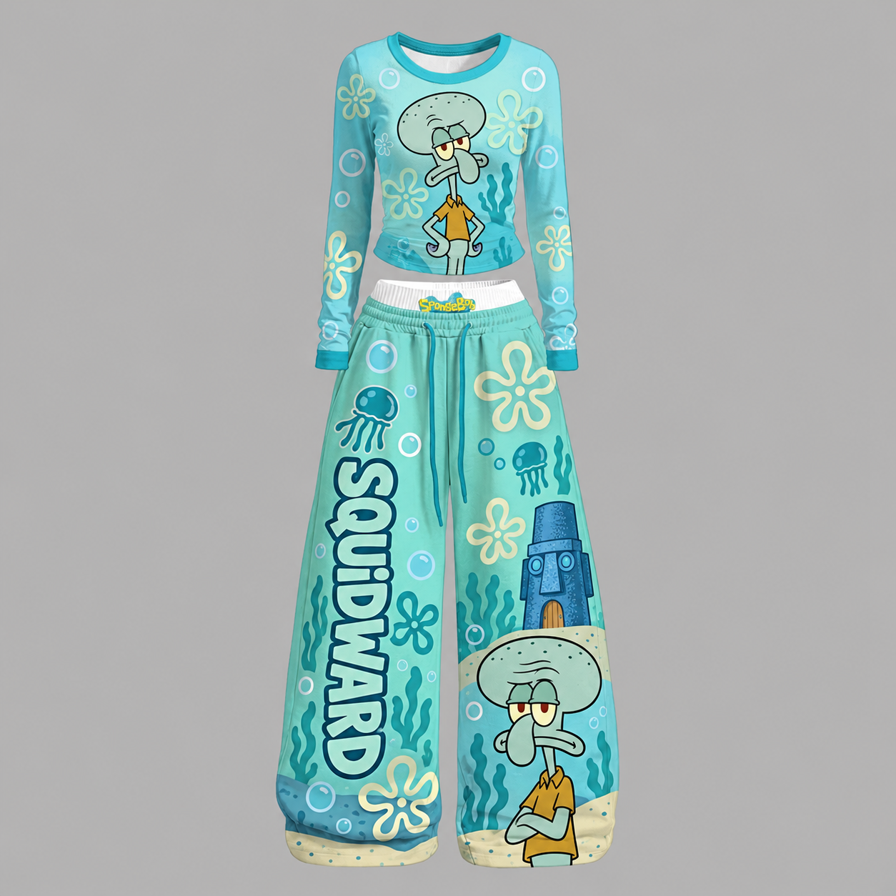 Squidward Tentacles SpongeBob SquarePants Long-Sleeved Double-Layer Stretch Pants Set