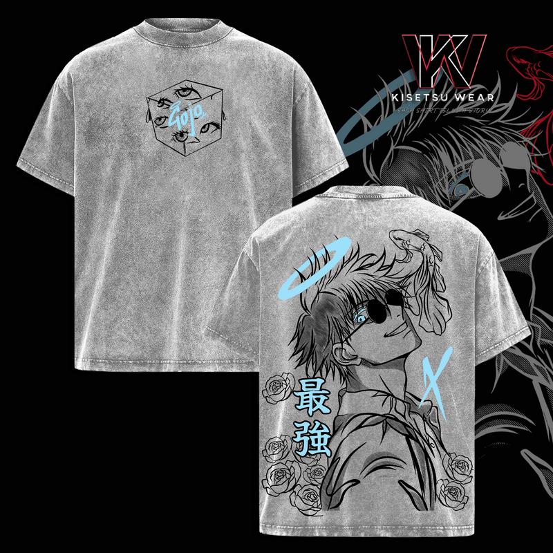 Gojo Satoru Vintage Washed Oversized T-Shirt – Jujutsu Kaisen Anime Graphic Tee, Soft Cotton Casual Streetwear Apparel, Unisex Top, Gift for JJK Fans, Anime Aesthetic Outfit