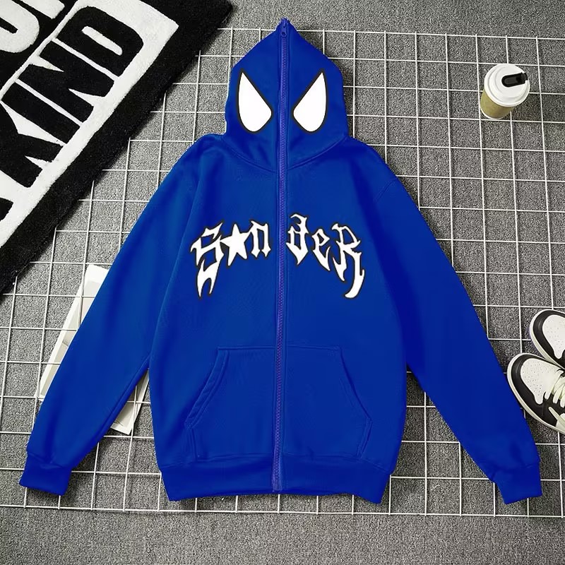 Spiderman Eye Mask Couple Hoodies Best Material- Y2K Streetwear Graphic Zip-Up Sweatshirt for Men and Women