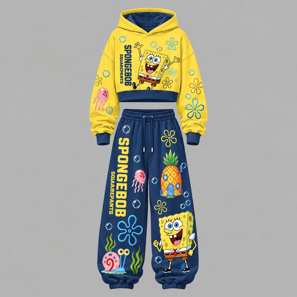 SpongeBob SquarePants Women's Cropped Long Sleeve Hoodie & High Waist Jogger Pants Two Piece Tracksuit Set