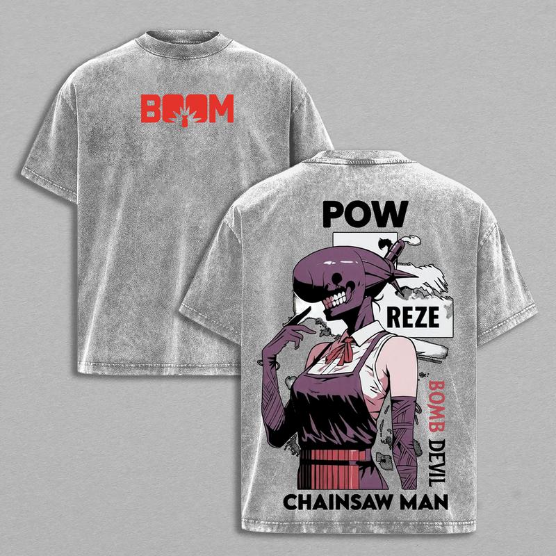 Reze Bomb Devil T-Shirt – Chainsaw Man Vintage Oversized Washed Heavy Cotton Anime Tee, “Boom” Graphic Double Printed Unisex Streetwear Top, Retro Manga-Inspired Shirt for Otaku and Fans