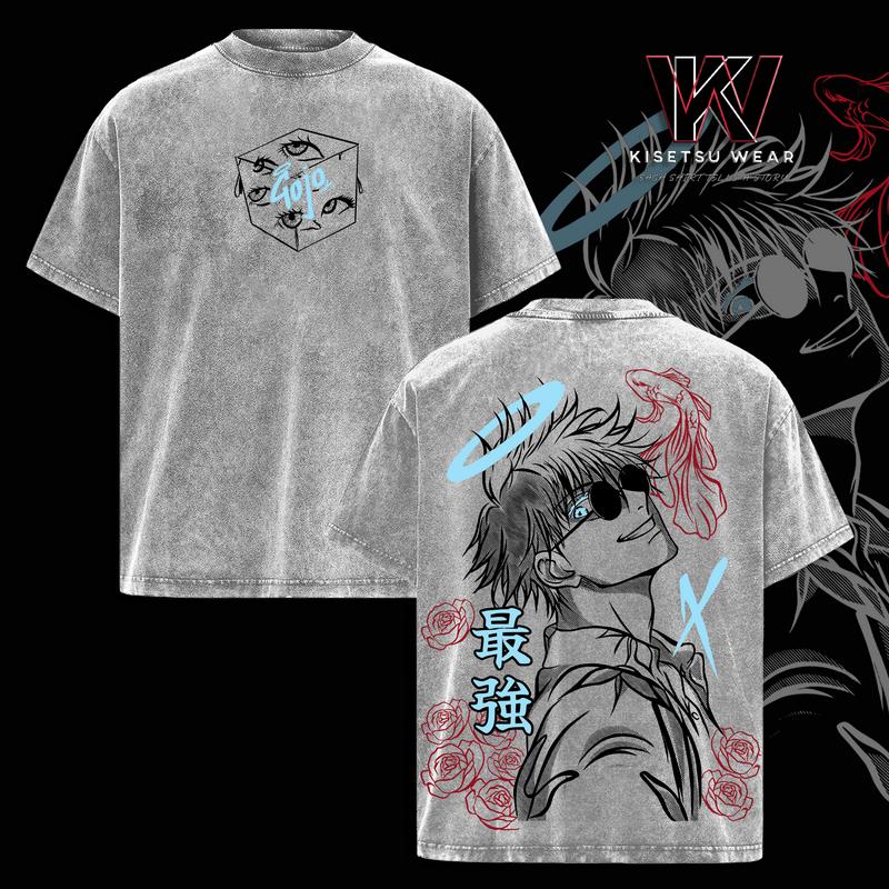 Gojo Satoru Vintage Washed Oversized T-Shirt – Jujutsu Kaisen Anime Graphic Tee, Soft Cotton Casual Streetwear Apparel, Unisex Top, Gift for JJK Fans, Anime Aesthetic Outfit