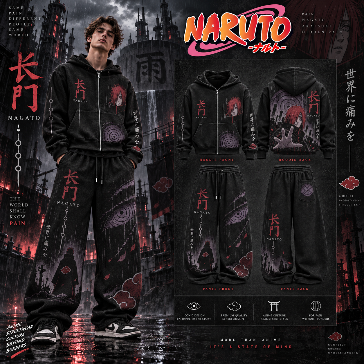 Naruto Nagato- Unisex Zipper Hooded Sweatshirt Set