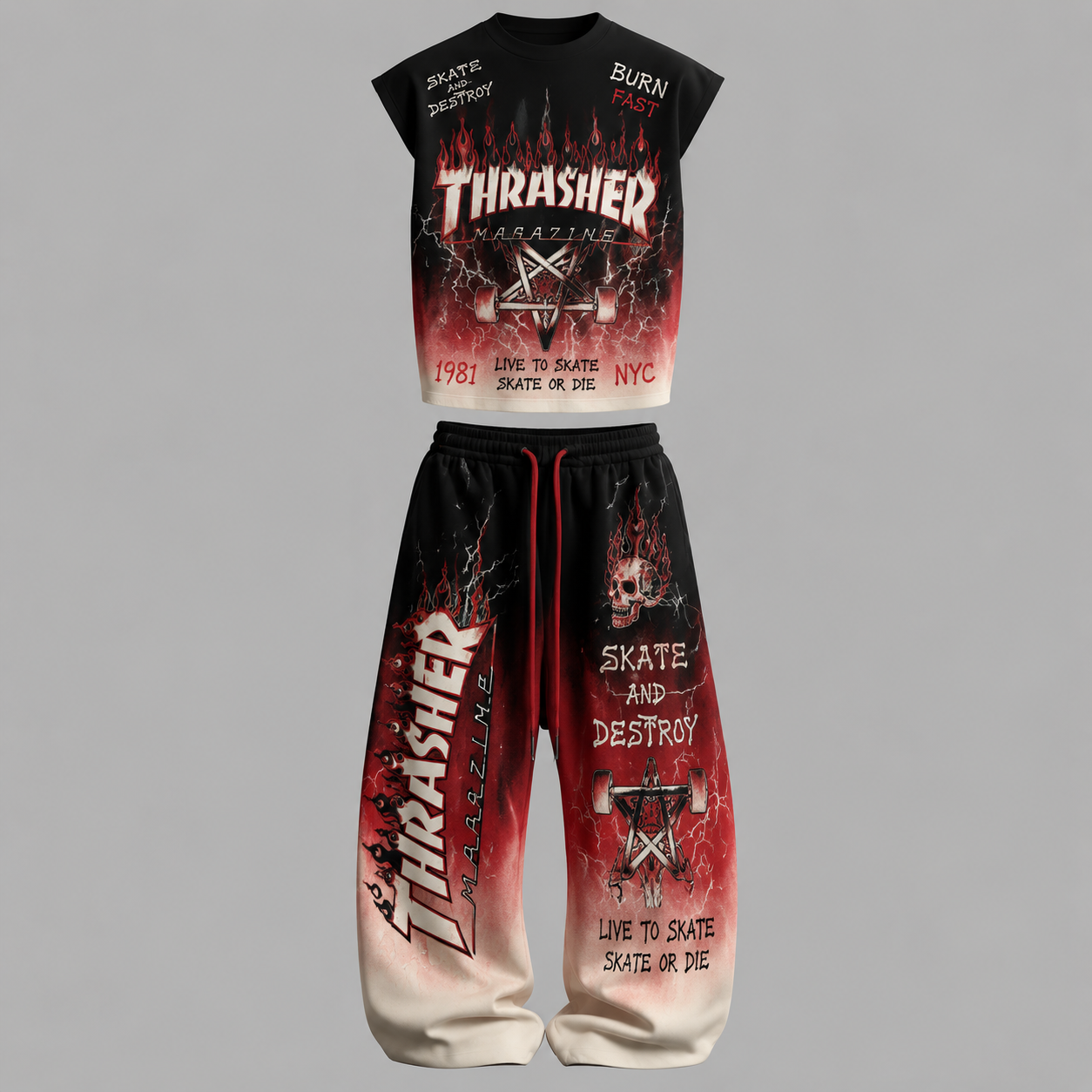 Thrasher Sleeveless Tank Top & Wide Leg Pants Two-Piece Streetwear Set