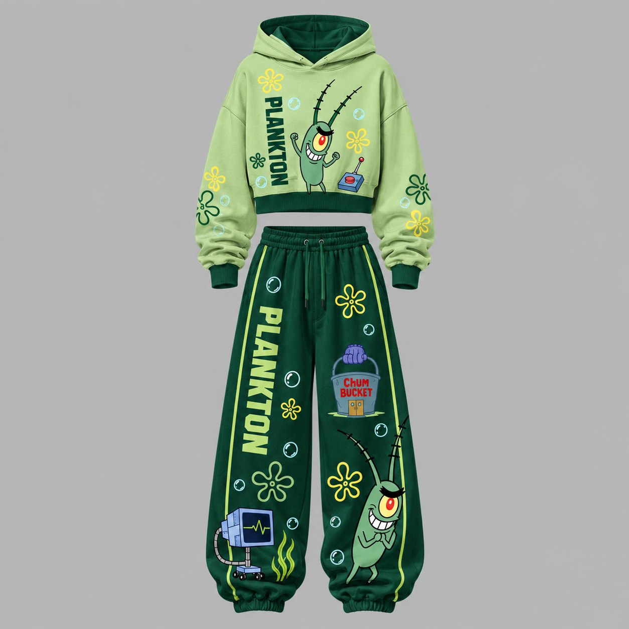 Sheldon J. Plankton SpongeBob SquarePants Women's Cropped Long Sleeve Hoodie & High Waist Jogger Pants Two Piece Tracksuit Set